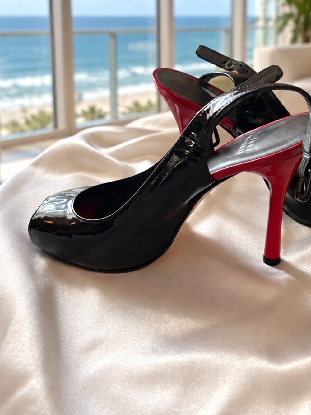 Stuart Weitzman Black Patent Red Heel Peep Toe Slingback Pumps 8.5